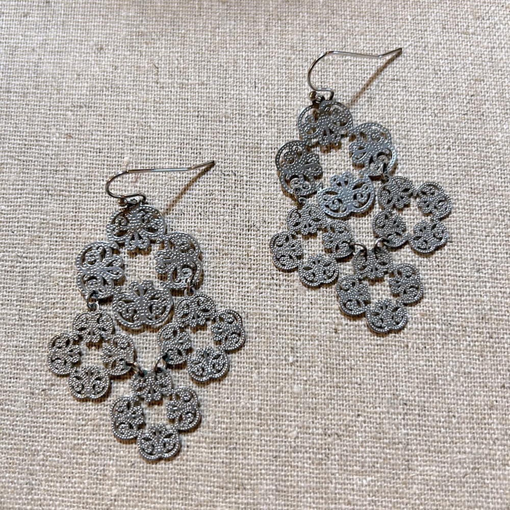 Lightweight Silver Lace Look Dangle Earrings 2 inches Long Boho